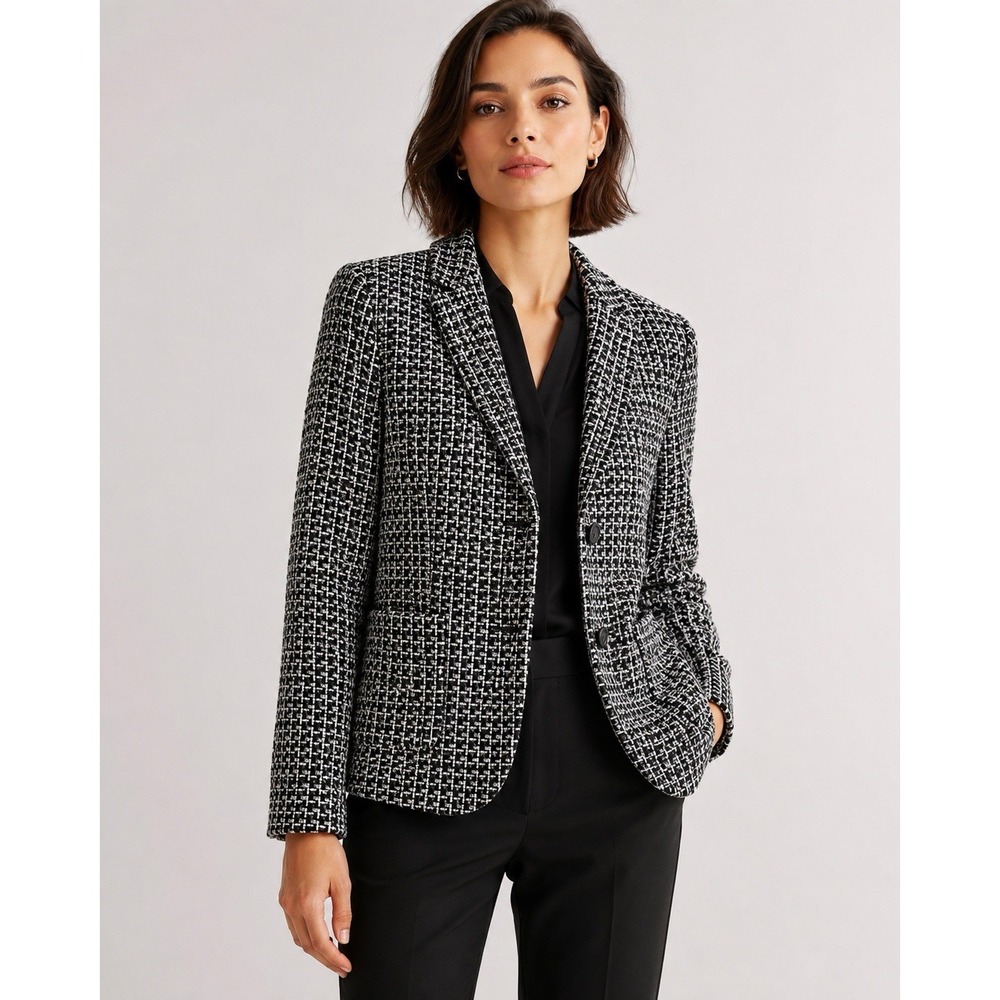 BOSS Hugo Boss Blazer 12 Black White Boucle Tweed Cotton Blend Career Jacket